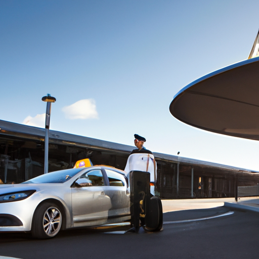 Photographie professionnelle d'un taxi haut de gamme stationné devant la Gare TGV de Massy, avec un chauffeur en uniforme aidant des voyageurs avec leurs valises