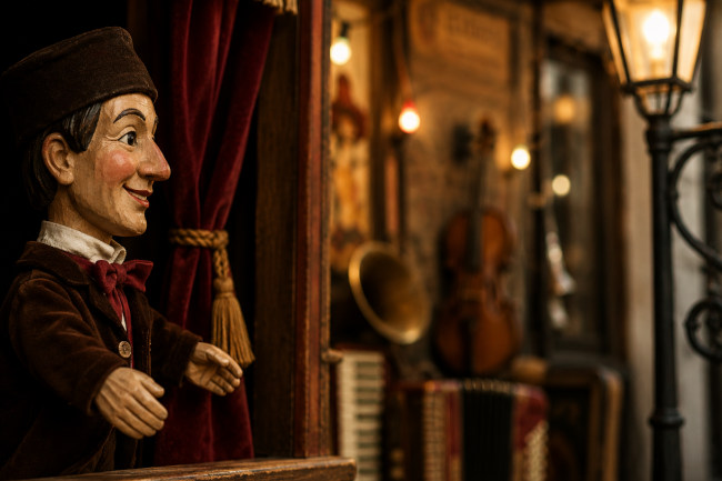Marionnette de théâtre devant un décor musical évoquant les traditions populaires et les chansons d’autrefois