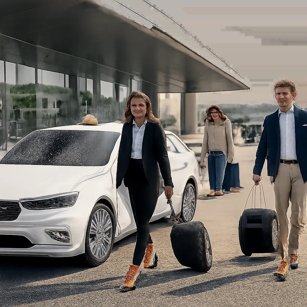 Un taxi parisien attend devant l’aéroport d’Orly dans un environnement de voyage moderne et rassurant. L’image illustre la réservation simple, la ponctualité et la transparence du service.
