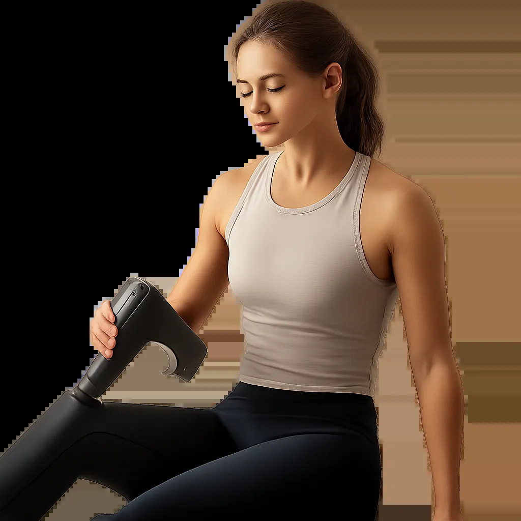 Visuel premium illustrant un massage musculaire utilisé pour la récupération après l’effort. L’ensemble évoque la détente, la précision et un usage à domicile moderne.